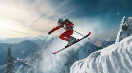 freeride skiing. skier jumping against blue sky.