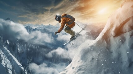 An athlete skier is jumping from high rock high in the mountains.