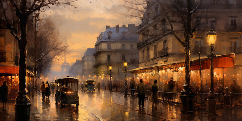 Portrait of a street scene at dusk, bustling city life, soft focus, Parisian ambiance, warm glowing street lamps - obrazy, fototapety, plakaty