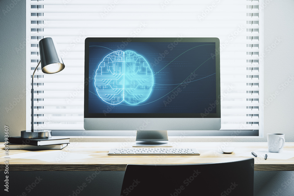 Poster creative artificial intelligence concept with human brain sketch on modern laptop monitor. 3d render