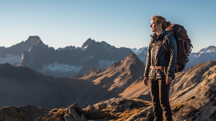 Fototapeta na wymiar portrait in a mountain landscape, adventurous spirit, with hiking gear