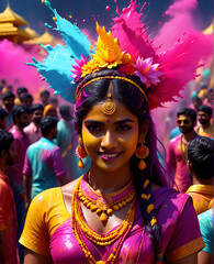 Obraz premium Holi Revelry: Immersed in the Lively and Colorful Celebration of the Hindu Festival, Welcoming the Vibrant Arrival of Spring. generative AI
