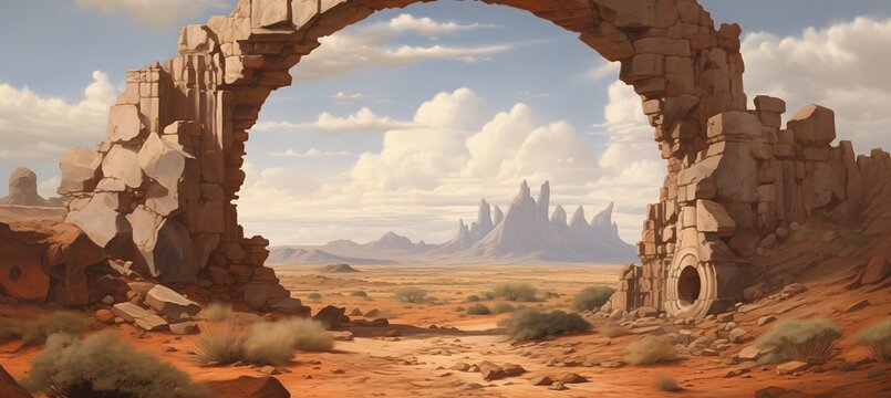 Ancient sandstone portal rift ruins gateway located in a remote part of a vast dry desert landscape - mysterious origins - lost annunaki alien technology - science fiction inspired painting. 
