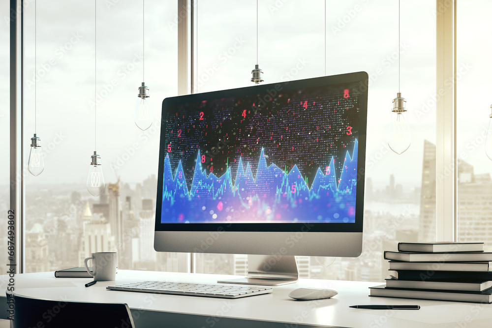 Aufkleber modern computer screen with creative statistics data hologram, stats and analytics concept. 3d rende