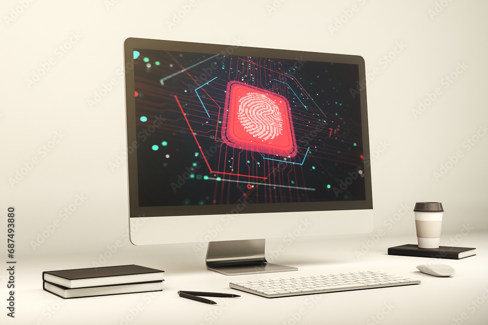 Poster Modern computer screen with creative fingerprint hologram, personal biometric data concept. 3D Rendering