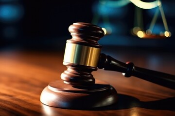 A wooden gavel sitting on top of a wooden table.