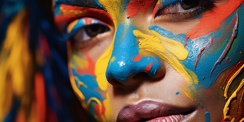 Surreal close-up portrait, hyper-saturated colors, face painted in abstract art, sharp textures