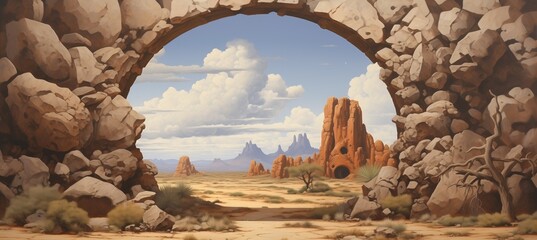 Ancient sandstone portal rift ruins gateway located in a remote part of a vast dry desert landscape - mysterious origins - lost annunaki alien technology - science fiction inspired painting. 