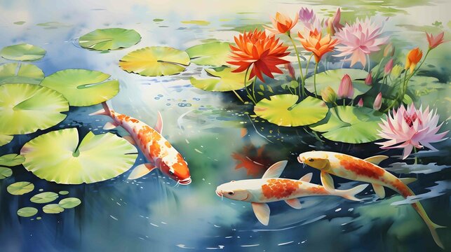 watercolor of a serene koi pond
