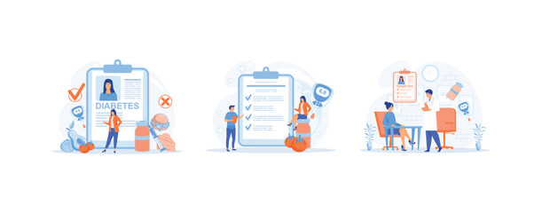 Diabetic nutrition for people with diabetes, Medical report or diagnosis card, Diabetes control and healthcare. Diabetes Level set flat vector modern illustration  