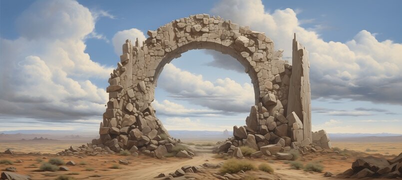 Ancient sandstone portal rift ruins gateway located in a remote part of a vast dry desert landscape - mysterious origins - lost annunaki alien technology - science fiction inspired painting. 