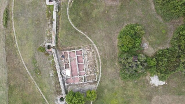 Aerial view of ruins of ancient Roman city Nicopolis ad Nestum near town of Garmen, Blagoevgrad Region, Bulgaria