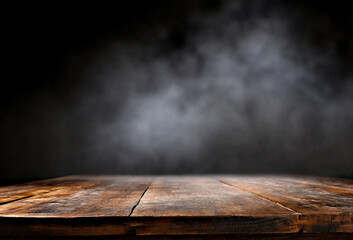 Old wooden table with smoke on dark background - obrazy, fototapety, plakaty