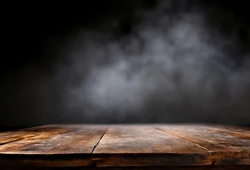 Cercles muraux Fumée Old wooden table with smoke on dark background