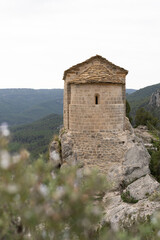 Amazing view of Ermita de La Pertusa above the lake in Congost de Mont Rebei.