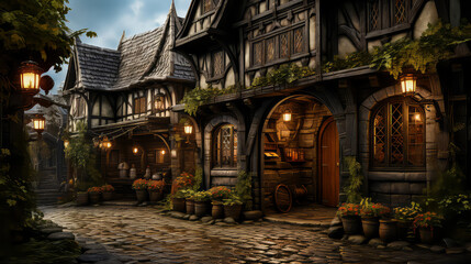Tudor style, House Fantasy background, Creating antique design of Outdoor Spaces architecture...