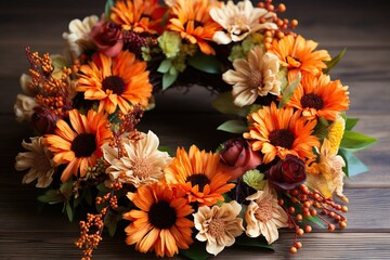 Fototapeta premium Vibrant autumnal floral wreath on a dark wooden surface