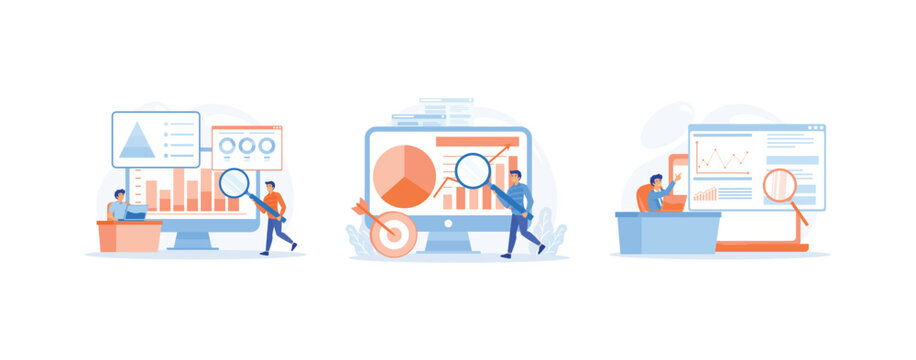 Data analysis, worker checking data analyst on a big screen using magnifying glass, reliable decision making. Data analyst set flat vector modern illustration
