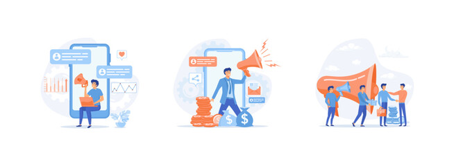 Fototapeta premium Refer a friend, People share info about referral and earn money, Refer a friend and get rewarded. Job referral set flat vector modern illustration 
