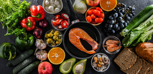 Food products representing the Mediterranean diet