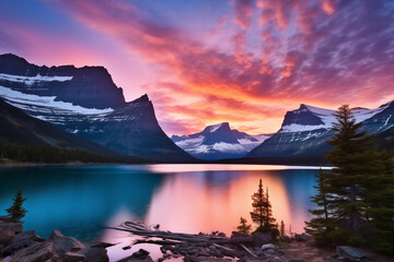 Beautiful colorful sunset over St. Mary Lake and wild goose island in Glacier national park