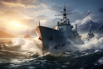 Naklejka premium ship at sunset destroyer is sailing fast snowy mountains in the background