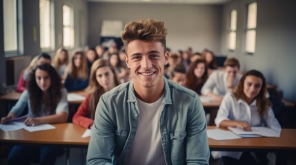 young man in a university high school with blurred group of students studying in the classroom, education and learning concept, Generative AI