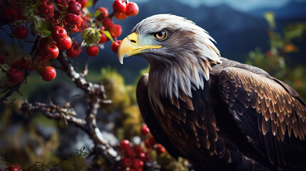 Obraz premium Eagle's Roost: Perched on Apple Tree, a Generative AI Portrait of Tranquility