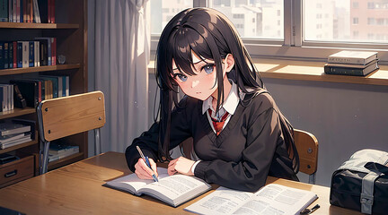 受験勉強中の女学生イラスト、横アングル｜Generative AI