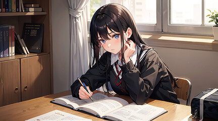 受験勉強中の女学生イラスト、横アングル｜Generative AI