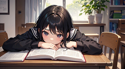 受験勉強中の女学生イラスト、正面顔｜Generative AI