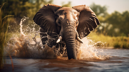 Generative Oasis: Elephant's Water Spout, A Refreshing AI Mirage - obrazy, fototapety, plakaty