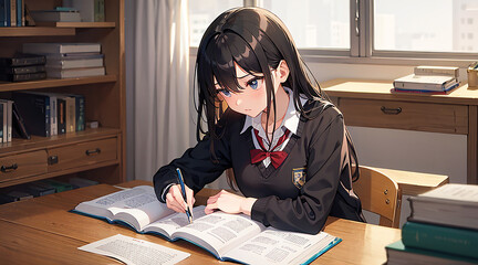 受験勉強中の女学生イラスト、人物中央｜Generative AI