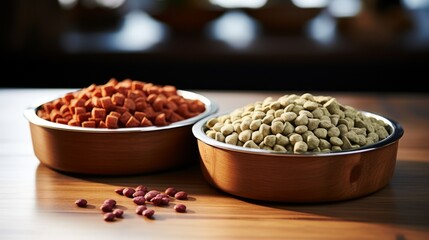 Fototapeta premium Identical pet food bowls placed side by side