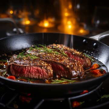 Juicy, herb-crusted rump steak cooking on a hot grill, exuding rich aromas.