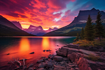 Fototapeta na wymiar Beautiful colorful sunset over St. Mary Lake and wild goose island in Glacier national park
