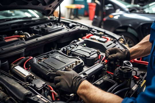 Skilled Mechanic's Hands Navigate Auto Repair, Specializing in Battery Service and In-Depth Electrical Analysis.