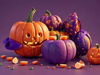 Halloween fruits and pumpkins in 3D on a purple background