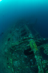 View over the fouled rusty side of the hull of MV Salem Express shipwreck, Red Sea, Egypt
