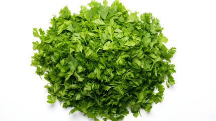 Chopped dry parsley leaves, pile isolated on white background, top view. generative ai.