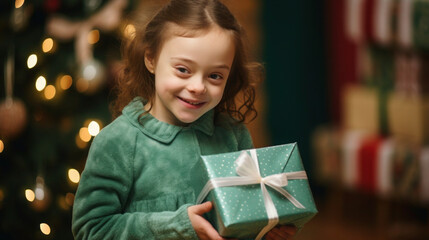 Fototapeta na wymiar smiling little girl with down syndrome among Christmas decorations and gift boxes. disabled child in a green sweater