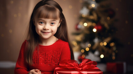 smiling little girl with down syndrome among Christmas decorations and gift boxes. disabled child in a red sweater