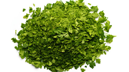 Chopped dry parsley leaves, pile isolated on white background, top view. generative ai.