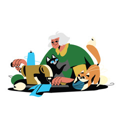 Nana's Stitching Time with Kitty, Grandma Sewing on a Sewing Machine, Cartoon Illustration of an Old Woman Sewing on a Sewing Machine