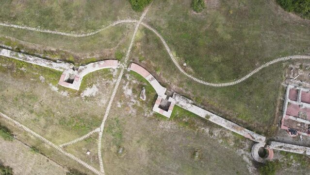 Aerial view of ruins of ancient Roman city Nicopolis ad Nestum near town of Garmen, Blagoevgrad Region, Bulgaria