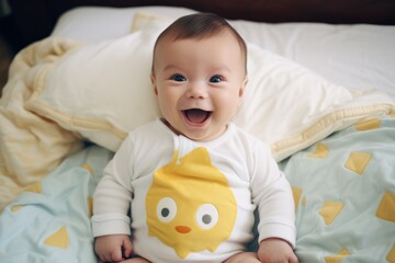 Cute baby boy lying on a white bed Adorable smiling baby sitting on floor and looking at camera