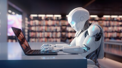 ai robot typing on laptop in library, learning and technolgy knowledge concept, Generative AI - obrazy, fototapety, plakaty