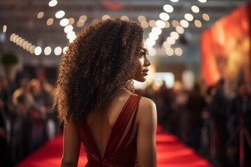 rear view of Celebrity standing on red carpet Mixed race celebrity at red carpet event Celebrity posing for paparazzi on red carpet