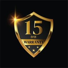 15 day warranty logo with golden shield and golden ribbon.Vector illustration.