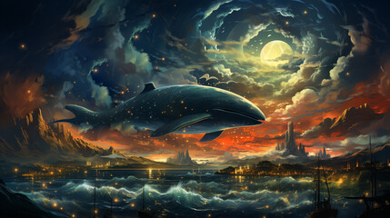 Blue whales fly in the clouds in the night sky, full moon and stars. generative ai